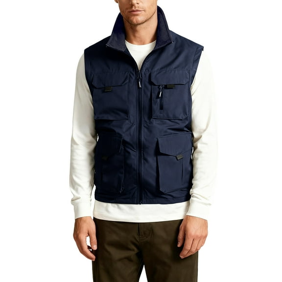 CharmCyan Men's Outdoor Cargo Vest Fishing Work Travel Photo Vests Zip Up Stand Collar Sleeveless Jacket With Pockets Dark Blue XL