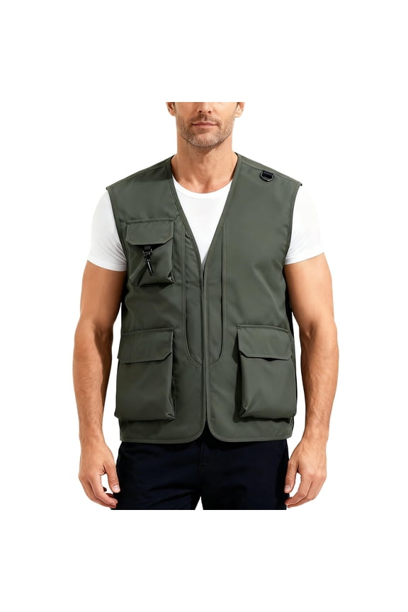 Men’s Outdoor Fishing Vest, Lightweight Sleeveless Utility Cargo Jacket For Hiking Hunting Army Green L