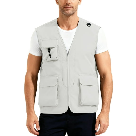 CharmCyan Men’s Outdoor Fishing Vest, Lightweight Sleeveless Utility Cargo Jacket For Hiking Hunting White 2XL