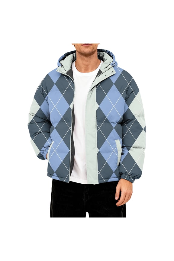 Men’s Hooded Puffer Jacket with Argyle Print Full Zip Closure Warm Insulated Outerwear for Cold Weather Casual Style Blue 5XL