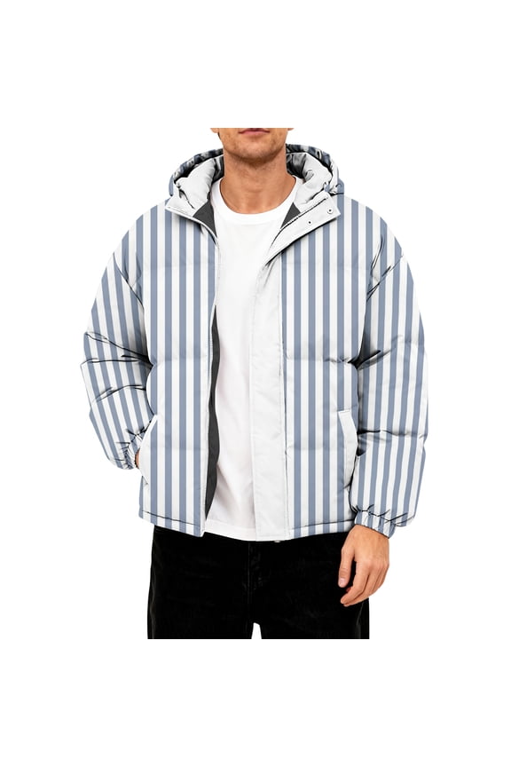 Men’s Hooded Puffer Jacket with Argyle Print Full Zip Closure Warm Insulated Outerwear for Cold Weather Casual Style Light Blue 5XL