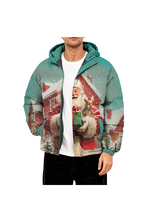 Men's Oversized Casual Down Jacket With Long Sleeves And Hood Light Green L