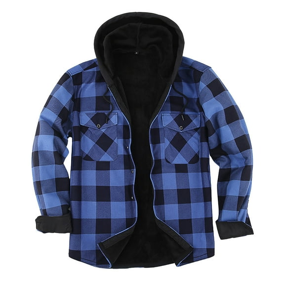 CharmCyan Men’s Plaid Flannel Shirt Jacket with Hood Fleece Lined Long Sleeve Button Down Casual Outerwear for Winter Fall Blue XL