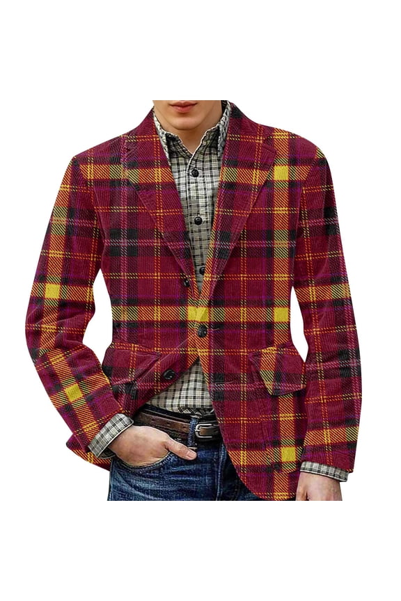 Men's Printed Corduroy Warm Pocket Suit Jacket Cardigan Men's Casual Suit Wine M