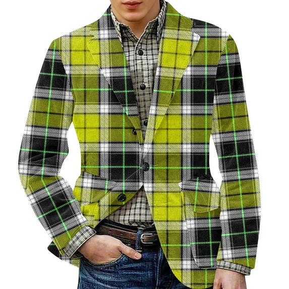 CharmCyan Men's Printed Corduroy Warm Pocket Suit Jacket Cardigan Men's Casual Suit Yellow 3XL