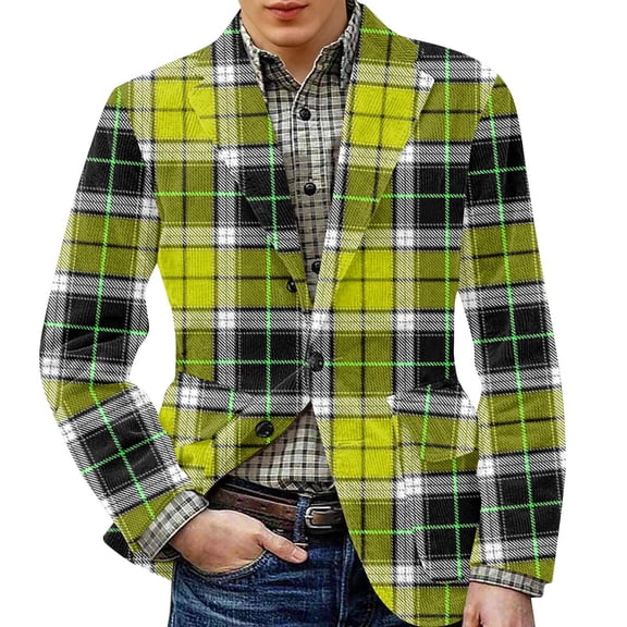 CharmCyan Men's Printed Corduroy Warm Pocket Suit Jacket Cardigan Men's Casual Suit Yellow XL