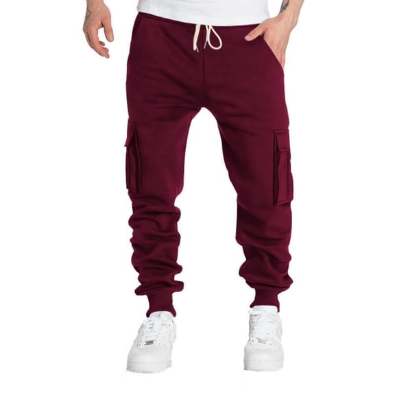 CharmCyan Men's Red Cargo Jogger Sweatpants with Drawstring Waist, Multiple Pockets, Athletic Fit, Comfortable Casual Pants for Everyday Wear Wine 2XL