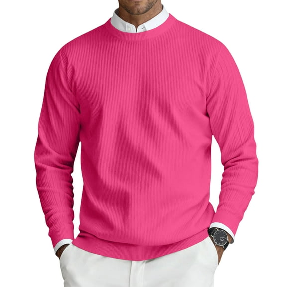 CharmCyan Men's Round Neck Long Sleeve Ribbed Knit Pullover Hot Pink 2XL