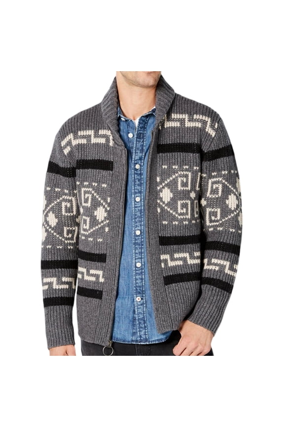 Men's Shawl Collar Cardigan Sweater with Geometric Pattern Knit Zip Up Front and Long Sleeves for Casual Wear Gray L