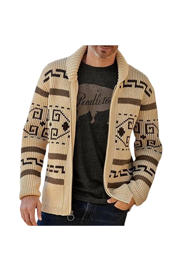 Men's Shawl Collar Cardigan Sweater with Geometric Pattern Knit Zip Up Front and Long Sleeves for Casual Wear Khaki XL