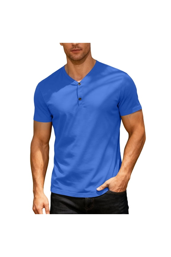 Men’s Short Sleeve Henley Shirt with Button Placket Casual Regular Fit Lightweight Breathable T Shirt Top Royal Blue 3XL