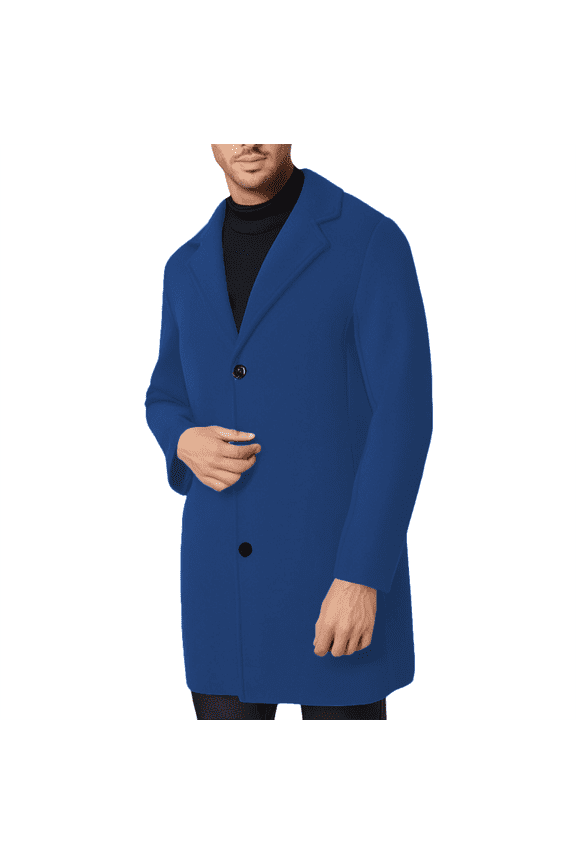 Men's Single Breasted Long Sleeve Wool Blend Overcoat Classic Notched Lapel Formal Business Outerwear Jacket Royal Blue 2XL