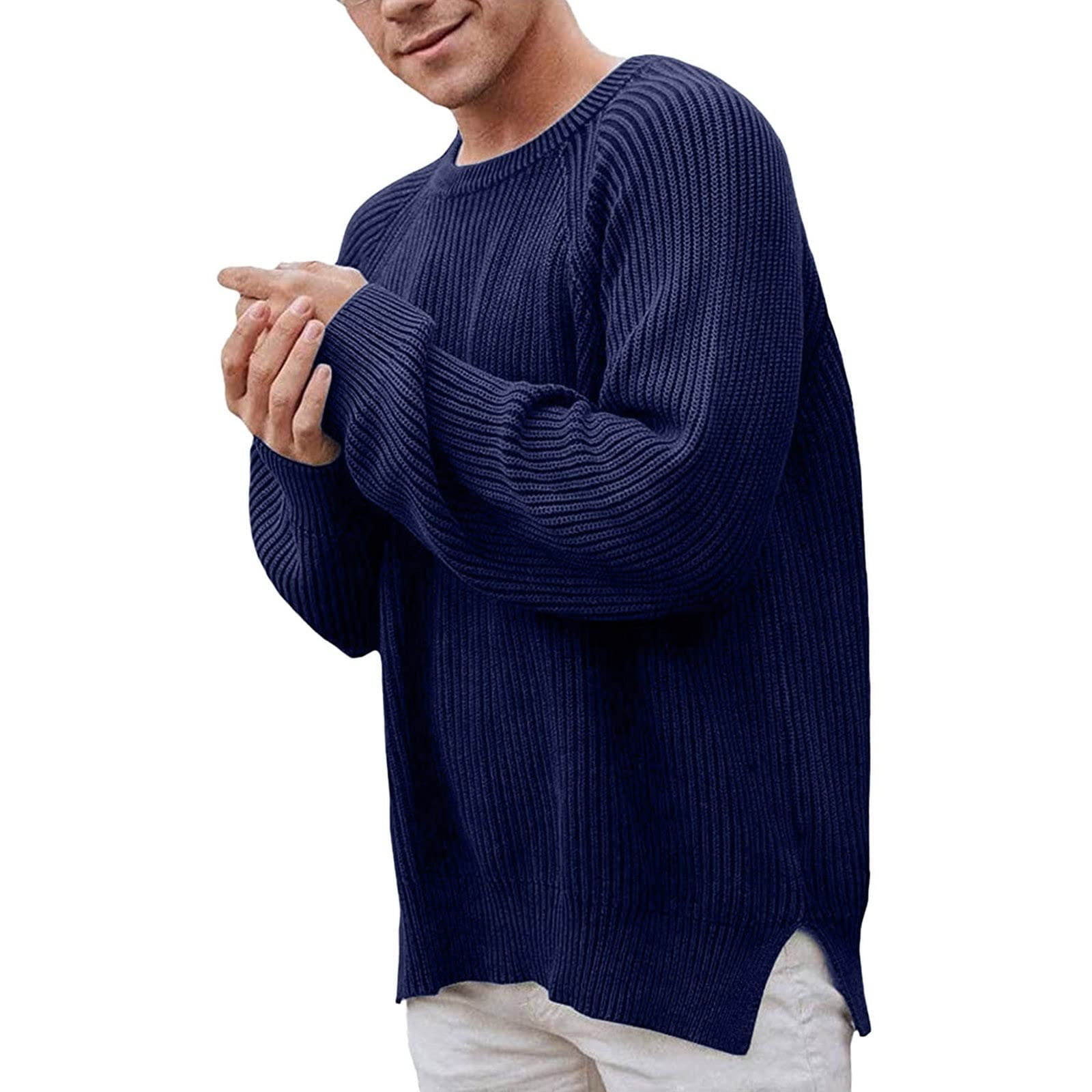 Men's Long Sleeve Sweater with Round Neck and Check Pattern