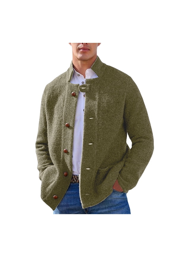 Men’s Stand Collar Button Front Wool Blend Jacket Casual Regular Fit Outerwear with Patch Pockets for Everyday Wear Army Green 3XL