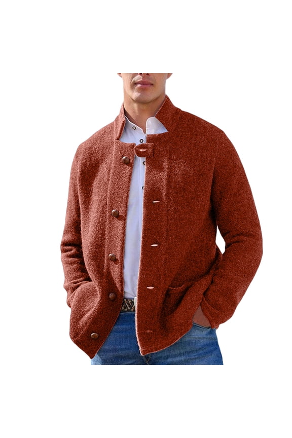 Men’s Stand Collar Button Front Wool Blend Jacket Casual Regular Fit Outerwear with Patch Pockets for Everyday Wear Saffron 2XL