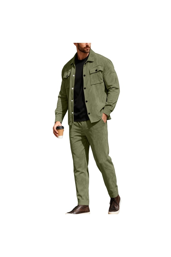Men’s Two Piece Casual Jacket and Pants Set Long Sleeve Button Front Shirt Top with Straight Leg Trousers for Everyday Wear Army Green L