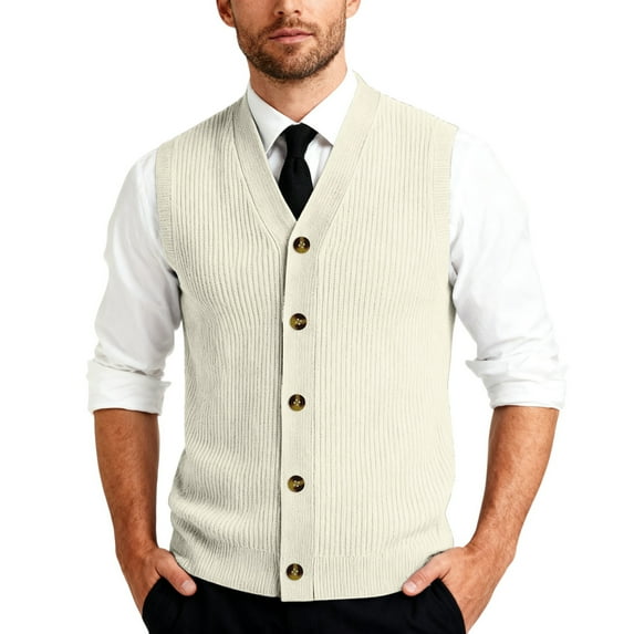 CharmCyan Men's V-Neck Sleeveless Knit Cardigan Vest Beige L