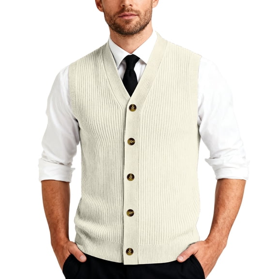 CharmCyan Men's V-Neck Sleeveless Knit Cardigan Vest Beige L