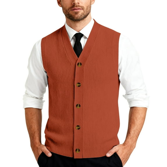 CharmCyan Men's V-Neck Sleeveless Knit Cardigan Vest Ginger 2XL