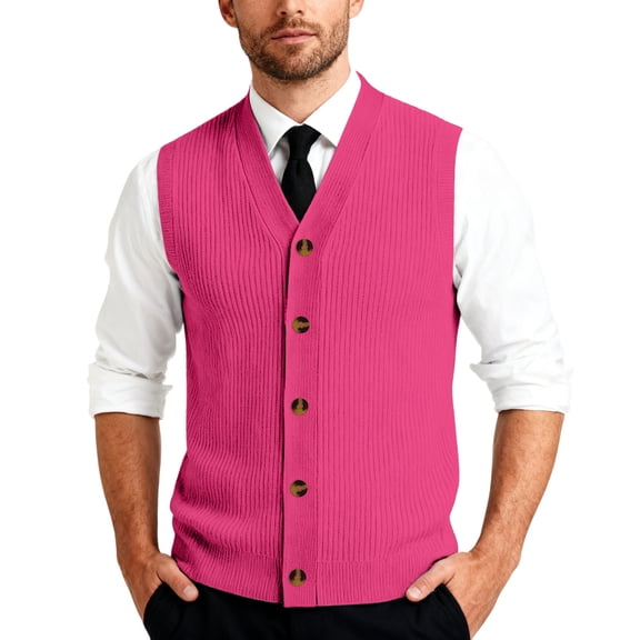CharmCyan Men's V-Neck Sleeveless Knit Cardigan Vest Hot Pink 2XL