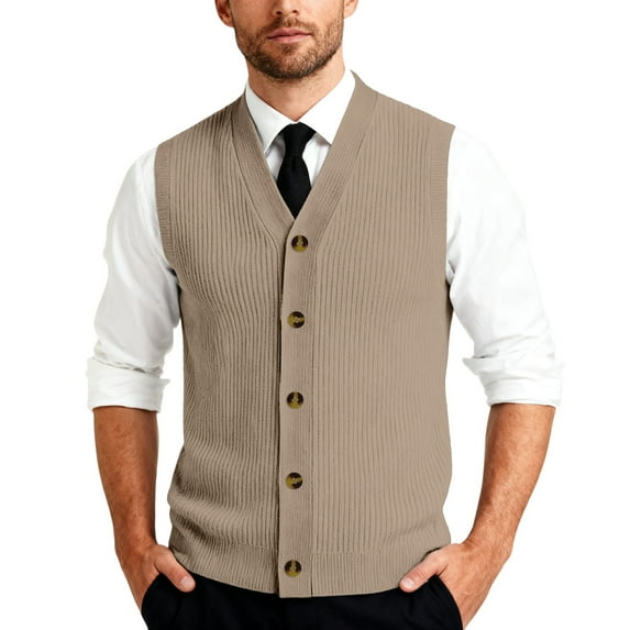 CharmCyan Men's V-Neck Sleeveless Knit Cardigan Vest Light Brown XL