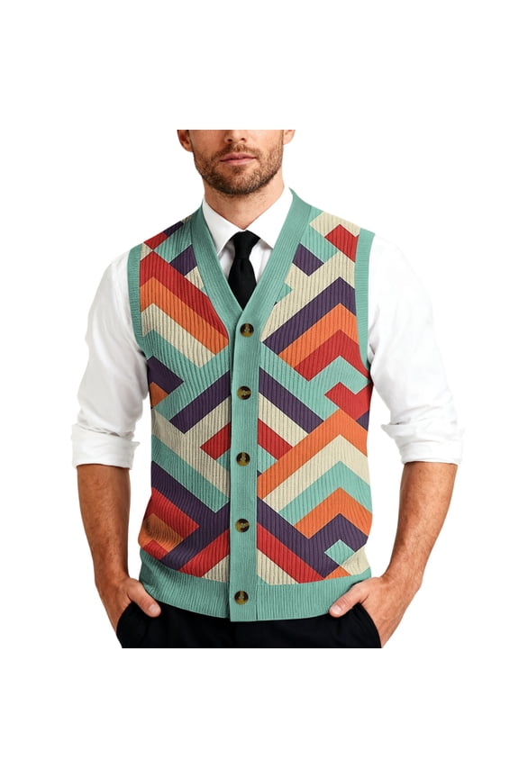 Men's V-Neck Sleeveless Knit Cardigan Vest Mint Green L