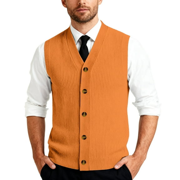 CharmCyan Men's V-Neck Sleeveless Knit Cardigan Vest Saffron L