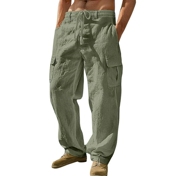 CharmCyan Mens Casual Loose Fit Linen Cargo Pants Drawstring Waist Lightweight Breathable Trousers with Multiple Pockets for Daily Wear Army Green L