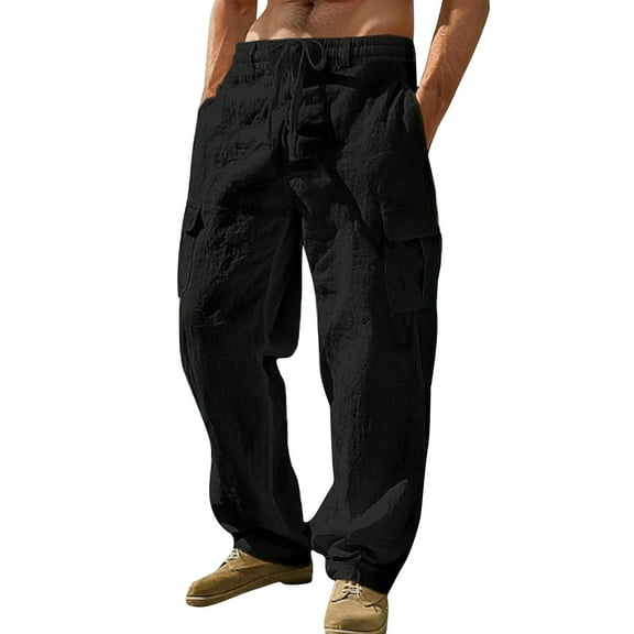 CharmCyan Mens Casual Loose Fit Linen Cargo Pants Drawstring Waist Lightweight Breathable Trousers with Multiple Pockets for Daily Wear Black 3XL