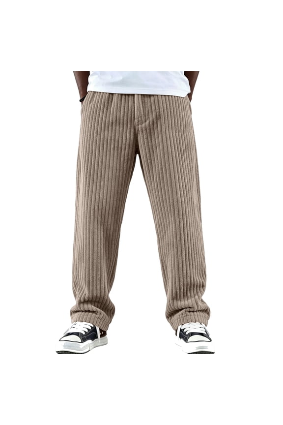 Mens Corduroy Loose Fit Straight Leg Trousers with Elastic Waistband and Vertical Ribbed Design for Casual Wear Khaki L