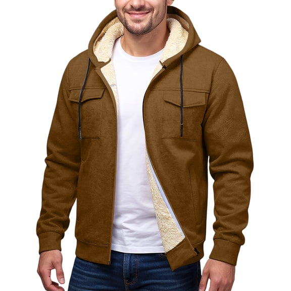 CharmCyan Mens Full Zip Sherpa Lined Hooded Jacket Warm Fleece Sweatshirt with Drawstring Hood and Front Pockets for Outdoor Activities Brown L