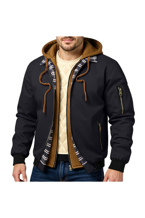 Mens Hooded Bomber Jacket with Full Zip Front Quilted Lining and Multiple Pockets for Outdoor Casual Wear Black XL