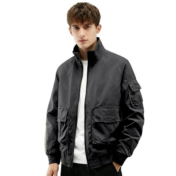 CharmCyan Mens Lightweight Stand Collar Bomber Jacket with Multiple Pockets and Zipper Closure for Outdoor and Casual Wear Black M