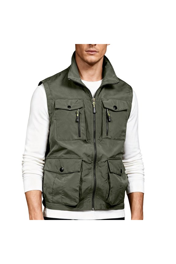 Mens Outdoor Athletic Vest Fishing Travel Lightweight Sleeveless Jackets Photographer Work Vest With Multi Pockets Army Green 3XL