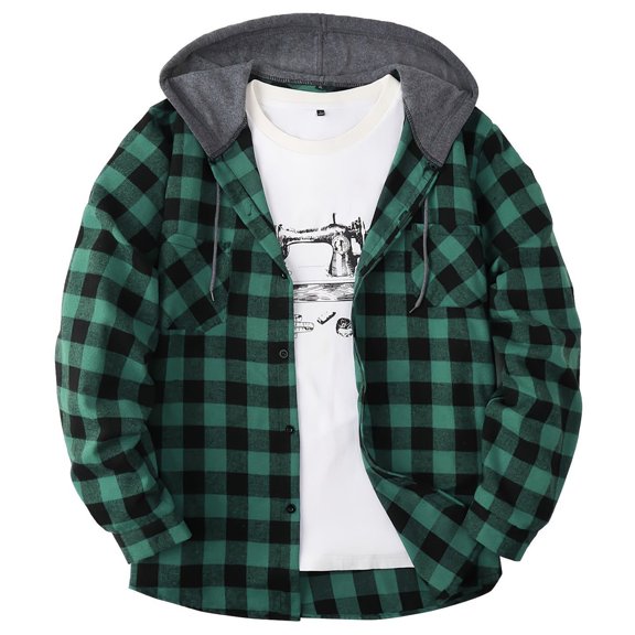 CharmCyan Mens Plaid Flannel Shirt With Hood Long Sleeve Button Down Casual Lightweight Hoodie Jacket For Everyday Wear Green XL