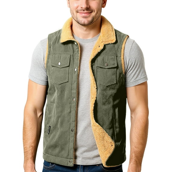 CharmCyan Mens Sherpa Lined Corduroy Vest Casual Sleeveless Jacket with Button Down Front and Flap Pockets for Outdoor Work Army Green L