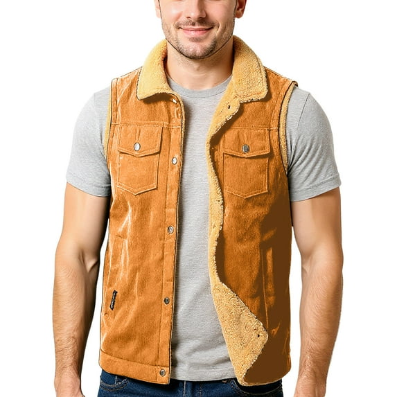 CharmCyan Mens Sherpa Lined Corduroy Vest Casual Sleeveless Jacket with Button Down Front and Flap Pockets for Outdoor Work Orange 3XL