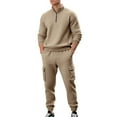 thumbnail image 1 of CharmCyan Mens Waffle Knit Two Piece Set Zipper Pullover Long Sleeve Top and Cargo Jogger Pants Casual Loungewear Outfit Set for Everyday Comfort Khaki S, 1 of 2