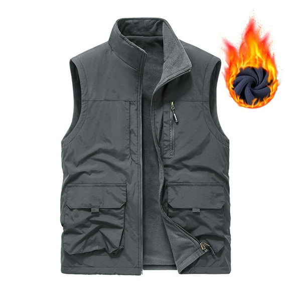 CharmCyan Mens Winter Fleece Cargo Vest Outdoor Multi Pocket Sleeveless Jacket Warm Thick Work Waistcoat Dark Gray 2XL