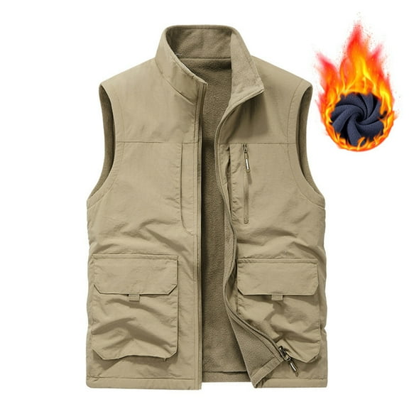 CharmCyan Mens Winter Fleece Cargo Vest Outdoor Multi Pocket Sleeveless Jacket Warm Thick Work Waistcoat Khaki XL