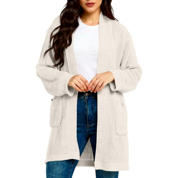 CharmCyan Open Front Knit Cardigan with Long Sleeves and Patch Pockets for Women Casual Loose Fit Lightweight Sweater Jacket White 2XL