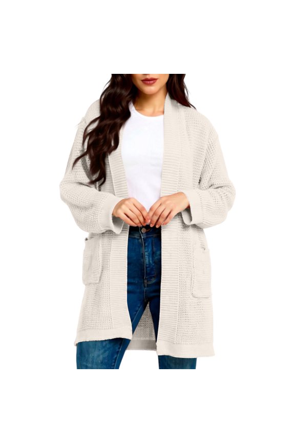 Open Front Knit Cardigan with Long Sleeves and Patch Pockets for Women Casual Loose Fit Lightweight Sweater Jacket White 2XL