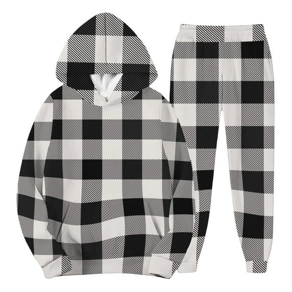 CharmCyan Plaid Pattern Hooded Sweatshirt and Pants Set Long Sleeve Pullover Top with Drawstring Waist Casual Fit Black L