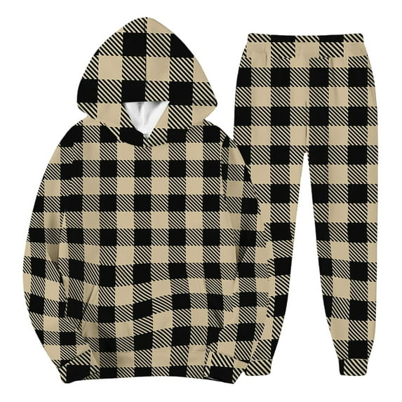 CharmCyan Plaid Pattern Hooded Sweatshirt and Pants Set Long Sleeve Pullover Top with Drawstring Waist Casual Fit Earthy Yellow XL