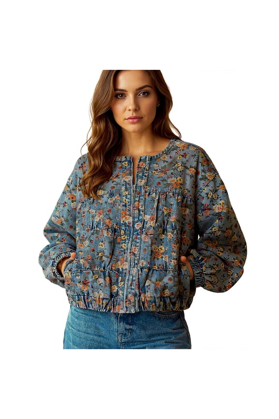 Printed Denim Jacket Loose Long Sleeved Retro Floral Batfly Sleeve Washed Denim Jacket For Women Blue XL