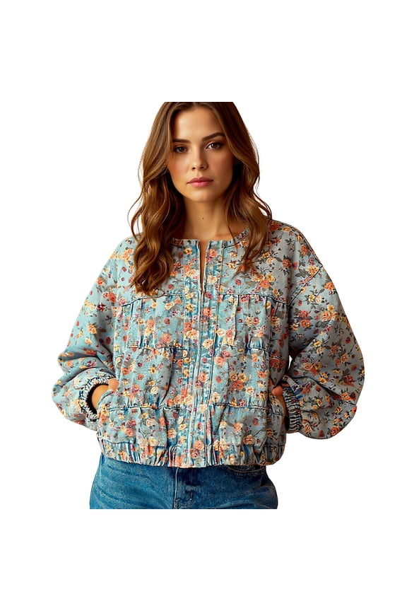 Printed Denim Jacket Loose Long Sleeved Retro Floral Batfly Sleeve Washed Denim Jacket For Women Light Blue S
