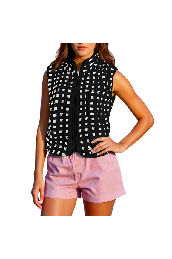 Sleeveless Lightweight Quilted Vest for Women with Textured Square Pattern Front Zipper Stand Collar Casual Fit Black L