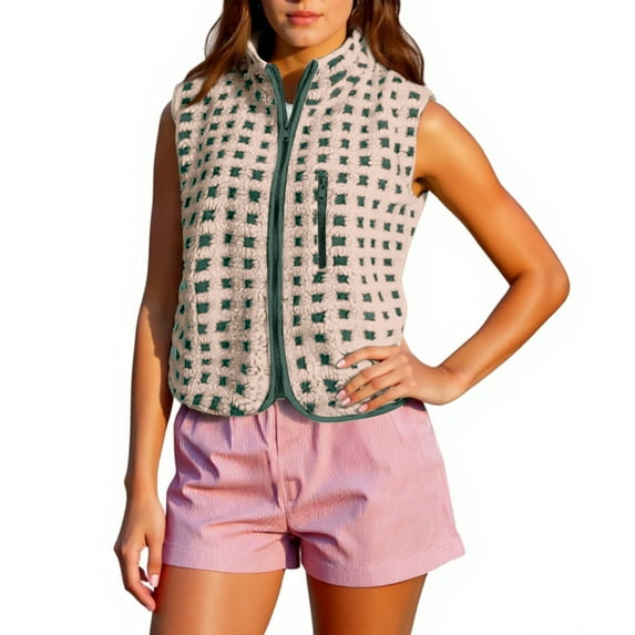 CharmCyan Sleeveless Lightweight Quilted Vest for Women with Textured Square Pattern Front Zipper Stand Collar Casual Fit Dark Green M