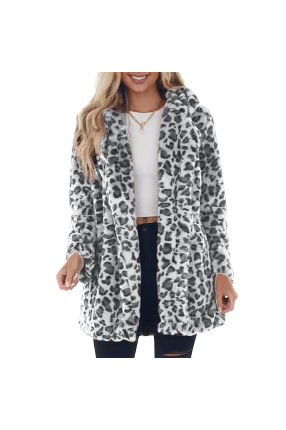 Women’s Long Sleeve Faux Fur Leopard Print Open Front Hooded Coat Casual Loose Fit Outerwear Jacket for Winter Fall White 2XL