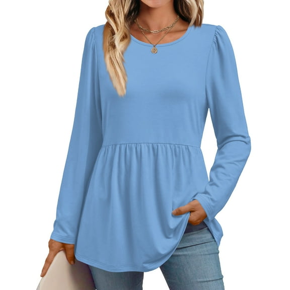 CharmCyan Women Long Sleeve Casual Loose Tunic Top Elegant Crewneck Blouse Soft Stretchy Peplum Shirt for Daily Office Wear Sky Blue A L